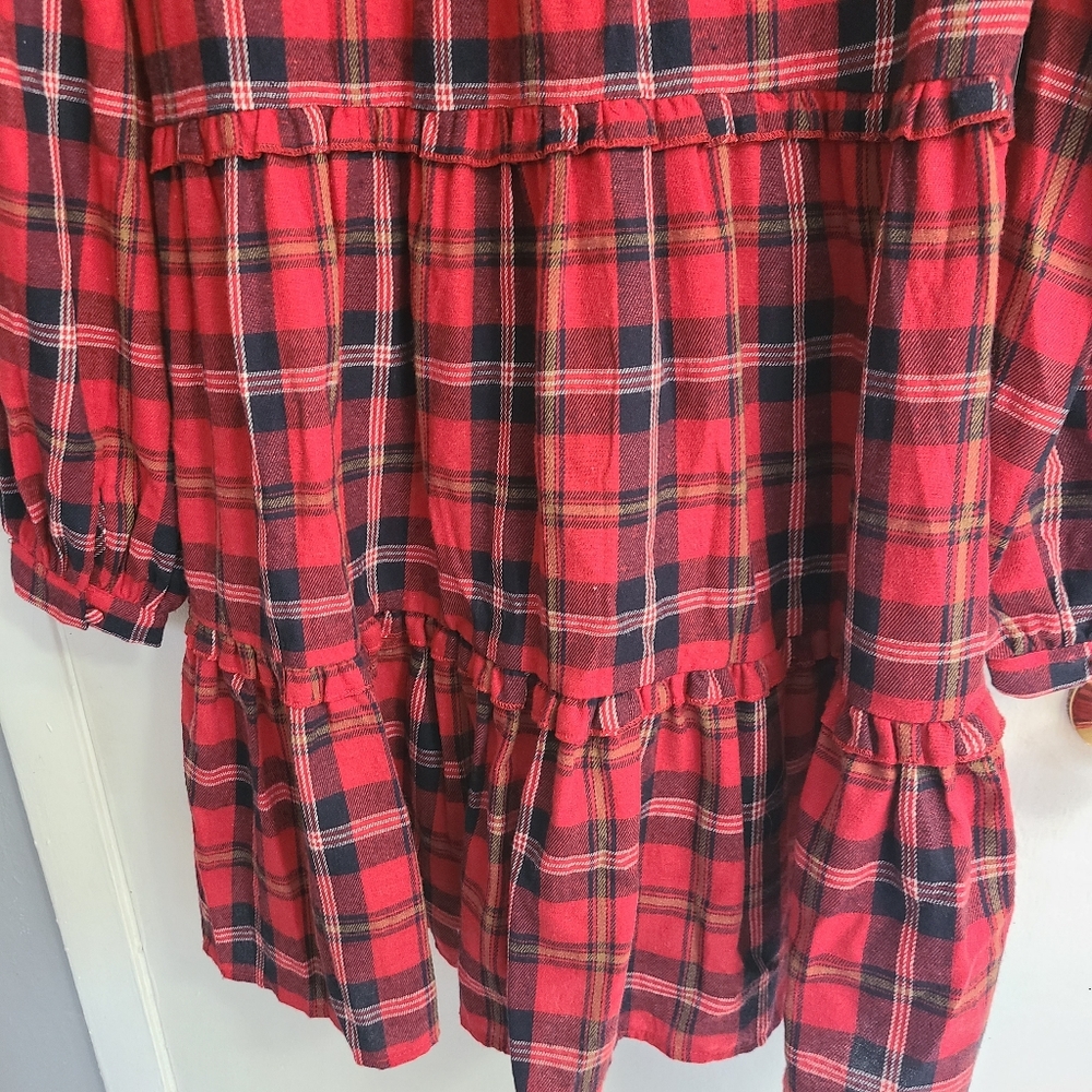 NWT Hudson Gray Tier Red Relaxed Bohemian Laid-back Casual Plaid Mini Dress Sz M - Picture 2 of 6